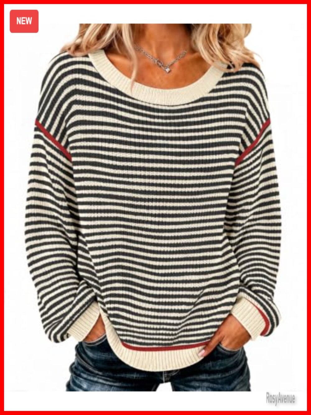 Womens Oversized Striped Pullover Sweater Crew Neck Long Sleeve